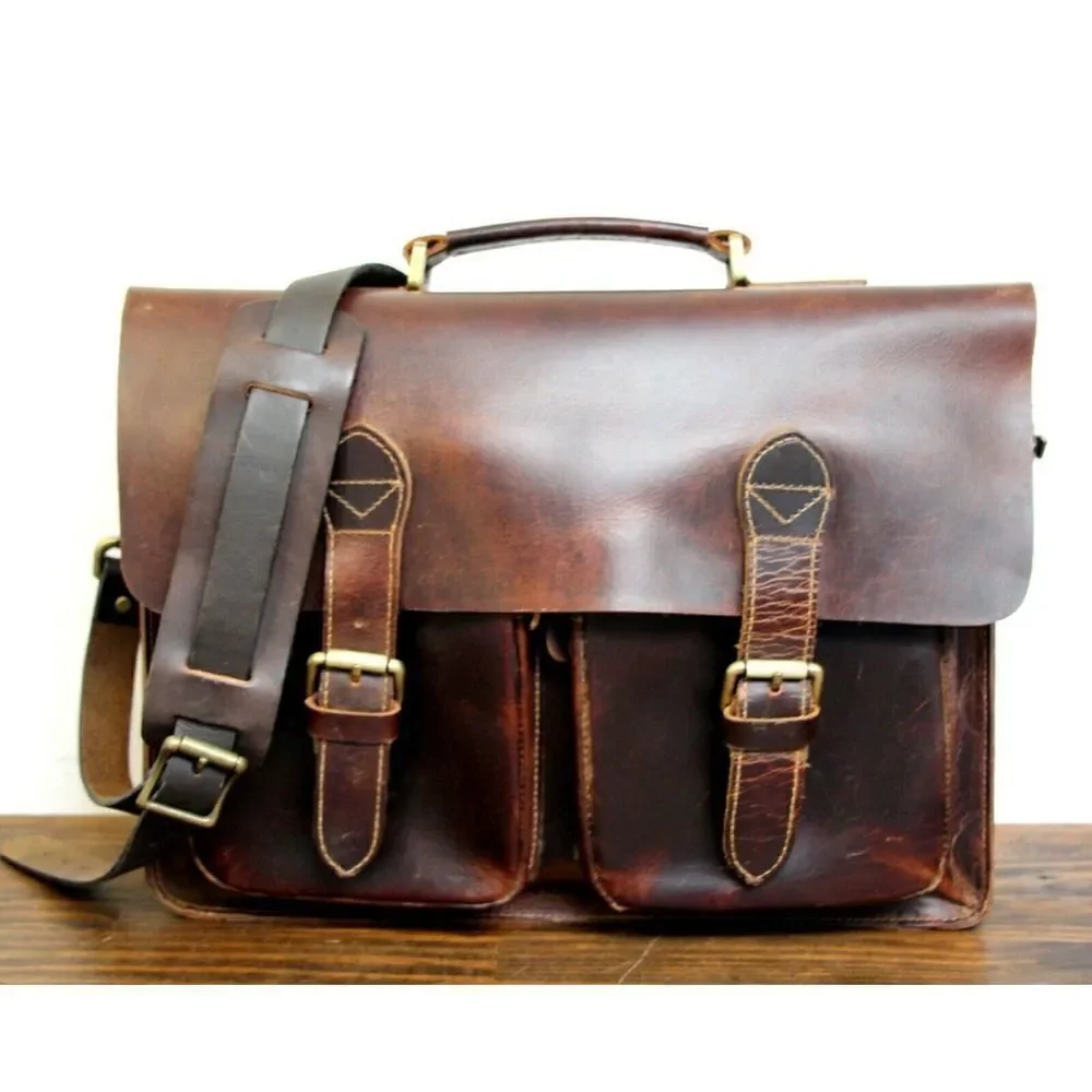 NATURAL WAX BROWN HEAVY GENUINE LEATHER BUSINESS SHOULDER BAG ATTACHE BRIEFCASE - Picture 3 of 11